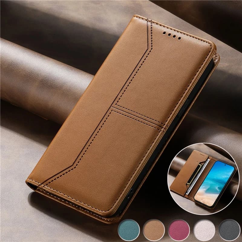 Capa de telefone de couro marrom com compartimento para cartões para Xiaomi Poco C61 C65 C55 X5 X6 F6 M6 Pro 4G 5G