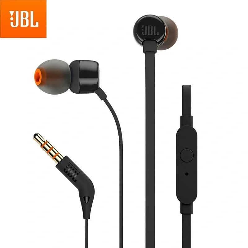 Fones de ouvido intra-auriculares com fio JBL T110 com microfone, driver dinâmico de 9mm, graves profundos, isolamento de ruído, pontas de ouvido macias, protetor de cabo, cabo de 0,3m.