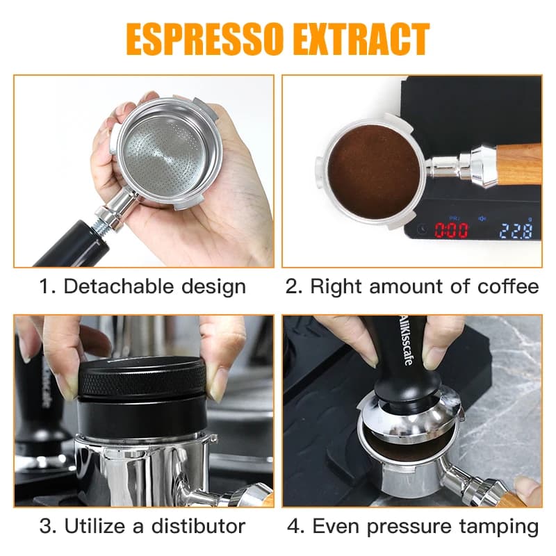 Conjunto de porta-filtros para máquinas de café com cabos de madeira e parte superior de metal prateado.