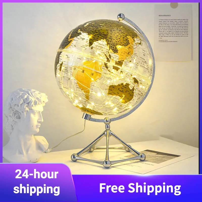 Globo LED transparente com iluminação interna, mapa do mundo, base de metal prateado, iluminação amarela, estátua de mármore, promoção 24 horas de envio e frete grátis
