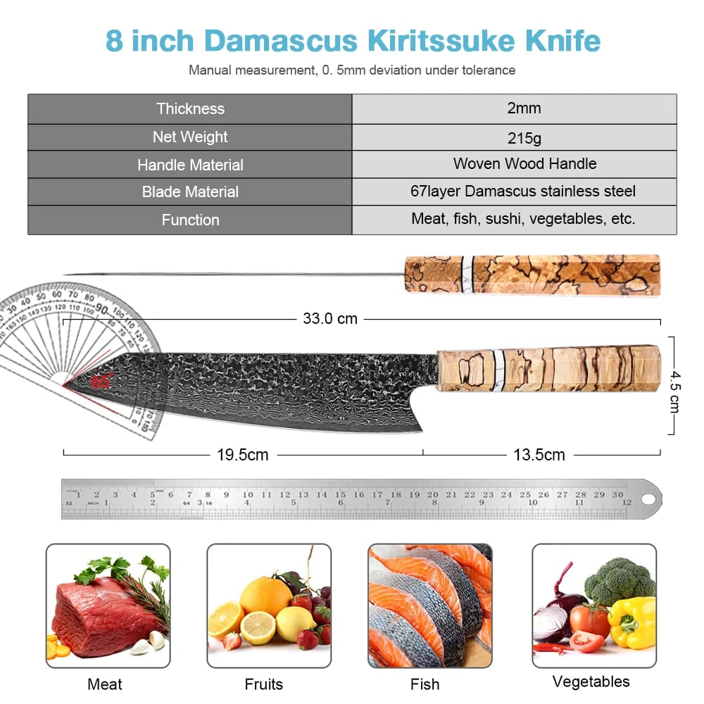 Faca de chef Xitou de 8 polegadas com lâmina de aço damasco japonês e cabo octogonal de madeira