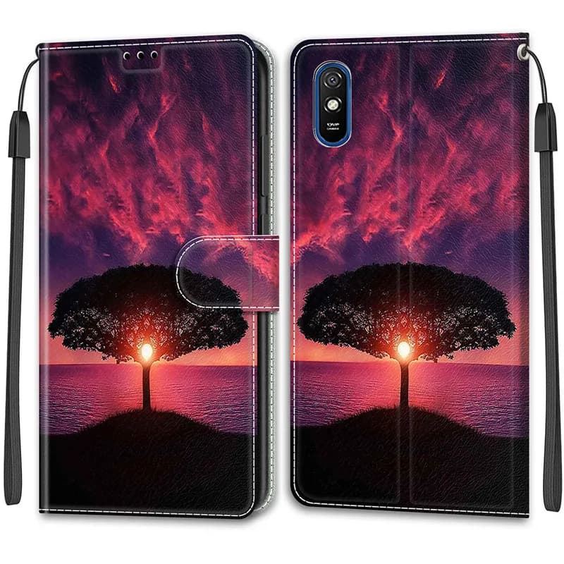 Capa carteira para Xiaomi Redmi 9AT em couro com estampa de árvore ao pôr do sol em tons roxo e vermelho