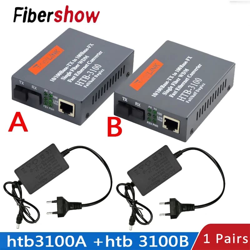 Conversor de mídia htb-3100, fibra óptica, monomodo, porta sc, 20km, fonte de alimentação externa, 10/100m