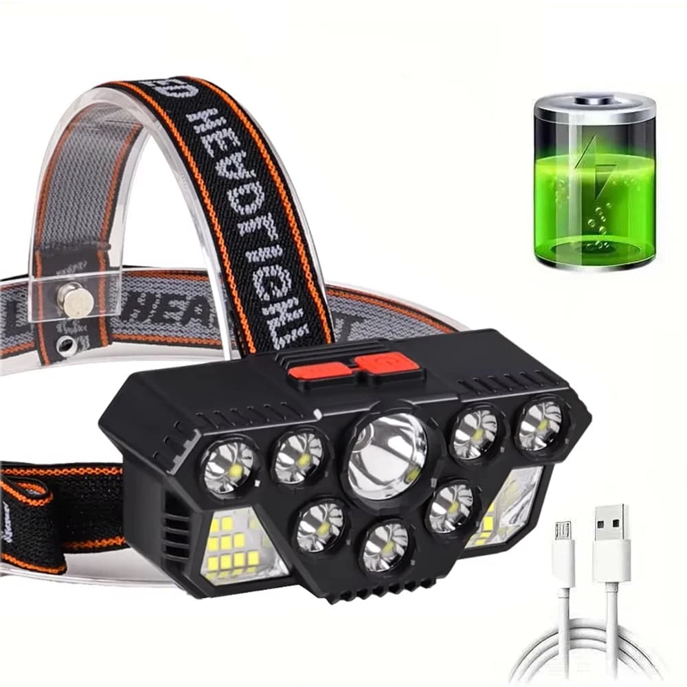 Lanterna de cabeça para capacete com bateria recarregável, 3 níveis de iluminação, múltiplos LEDs, cabo USB, bateria carregada