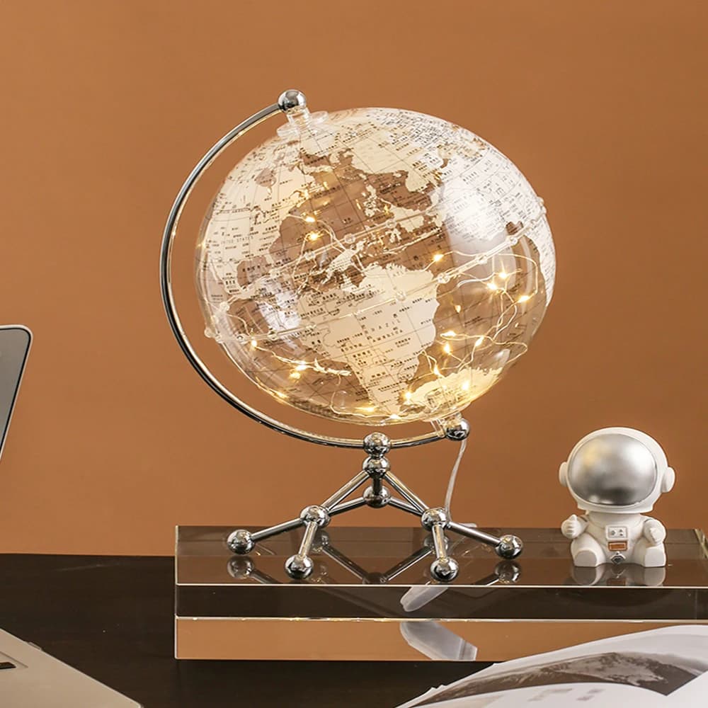 Globo LED transparente com iluminação interna, mapa do mundo, base de metal prateado, iluminação amarela, estátua de mármore, promoção 24 horas de envio e frete grátis