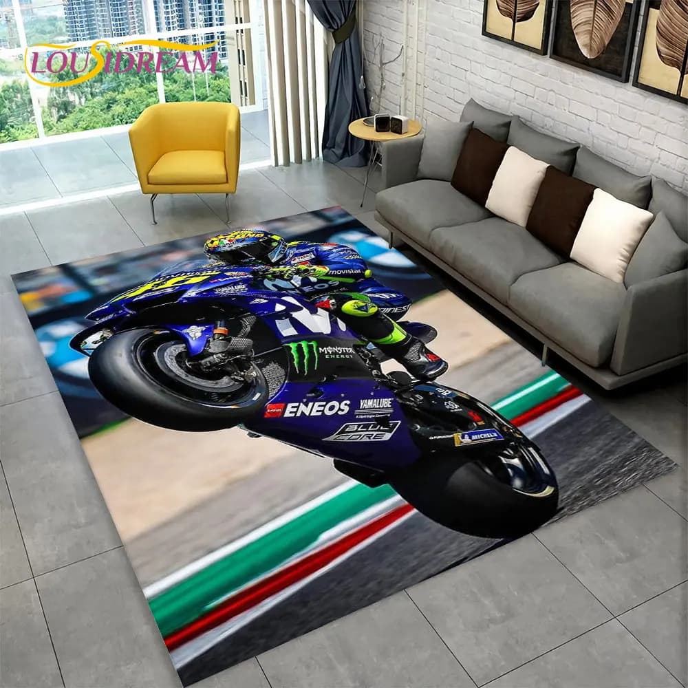 Tapete 3D de corrida de motocicleta, antiderrapante, para sala e quarto, decoração infantil