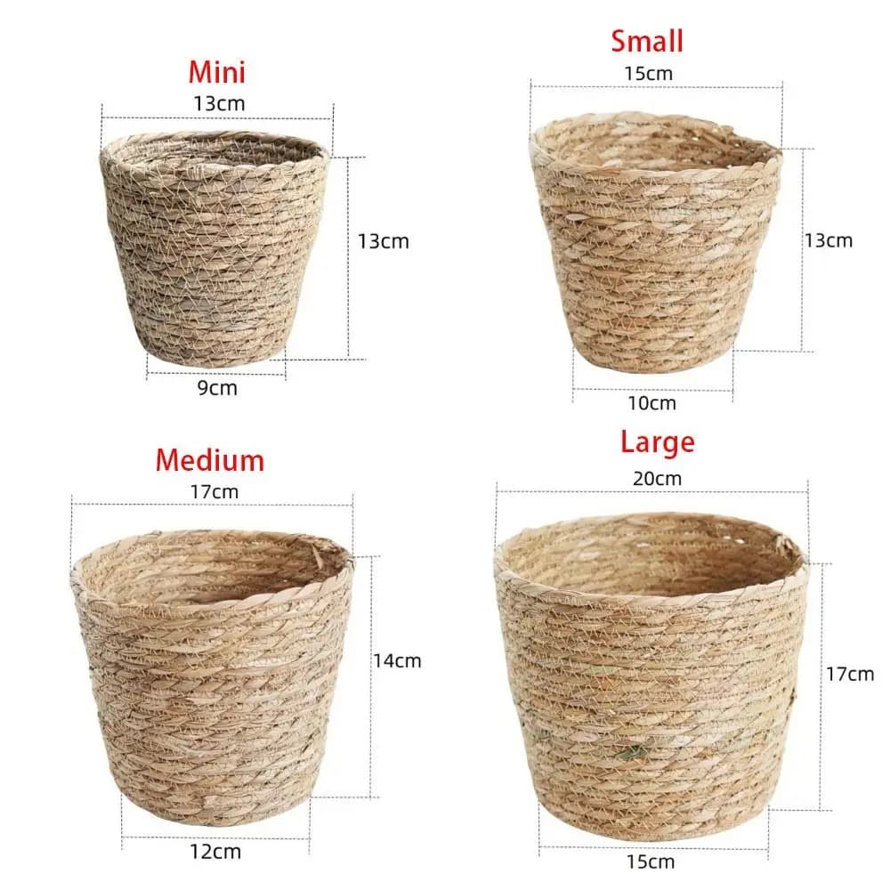 Dimensões dos cestos para plantas Jácotei Terraço Decor em palha de rattan marrom tamanhos mini, pequeno, médio e grande