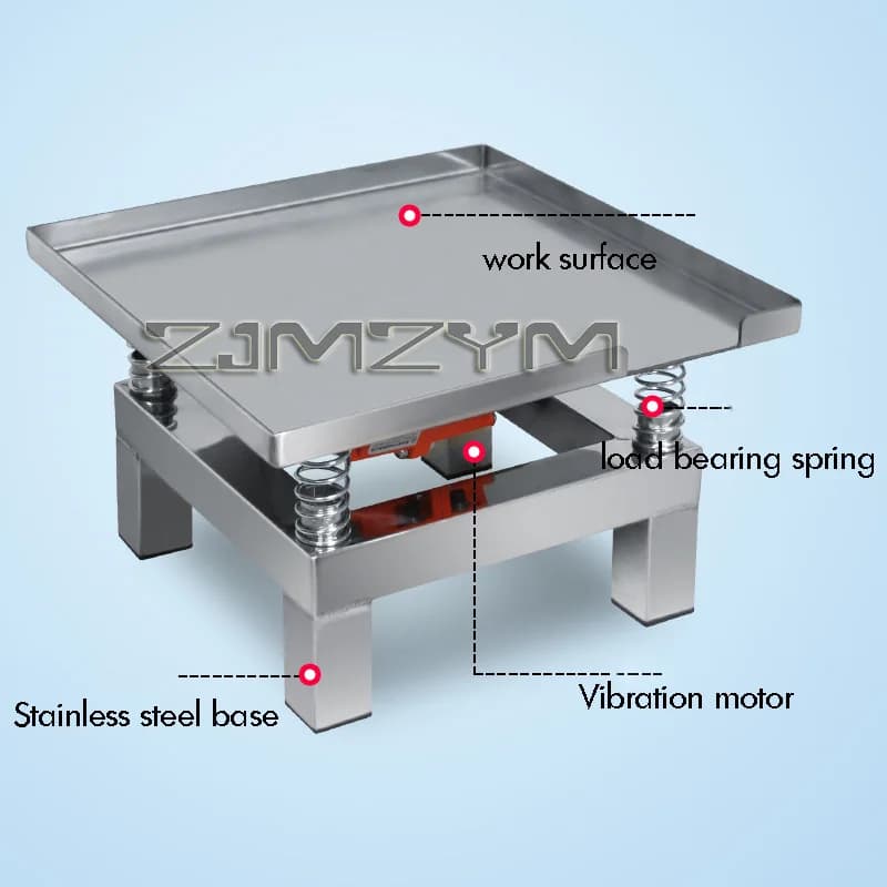 Mesa vibratória para blocos de teste com base em aço inox, motor de vibração e molas de carga