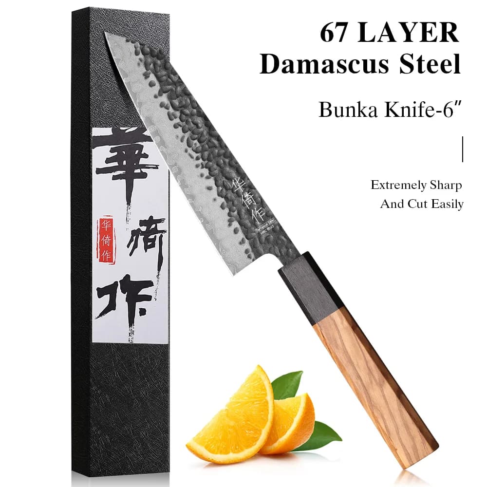 Faca Bunka Japonesa de 6 Polegadas com Lâmina de Aço Damasco de 67 Camadas