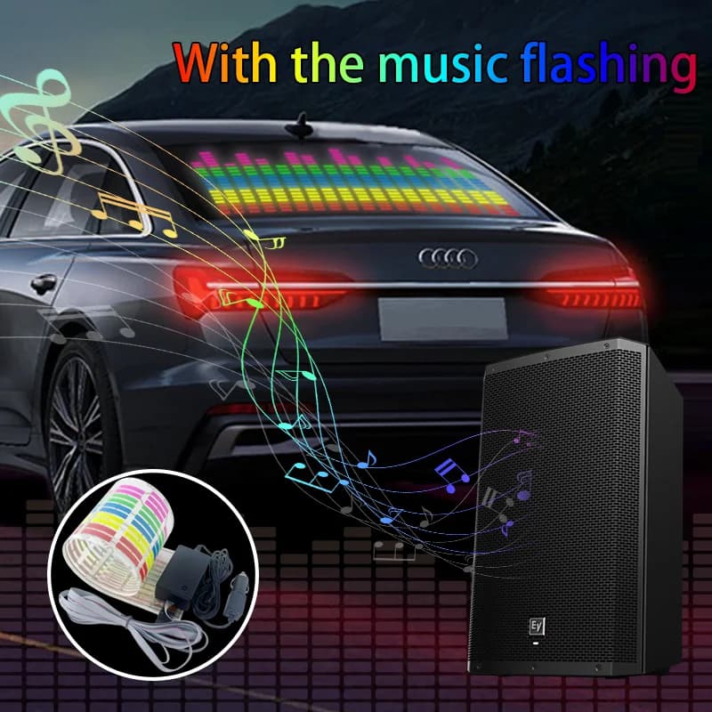 Kit de luz LED automotiva RGB com controle por música exibindo faixa colorida no para-brisa traseiro do carro