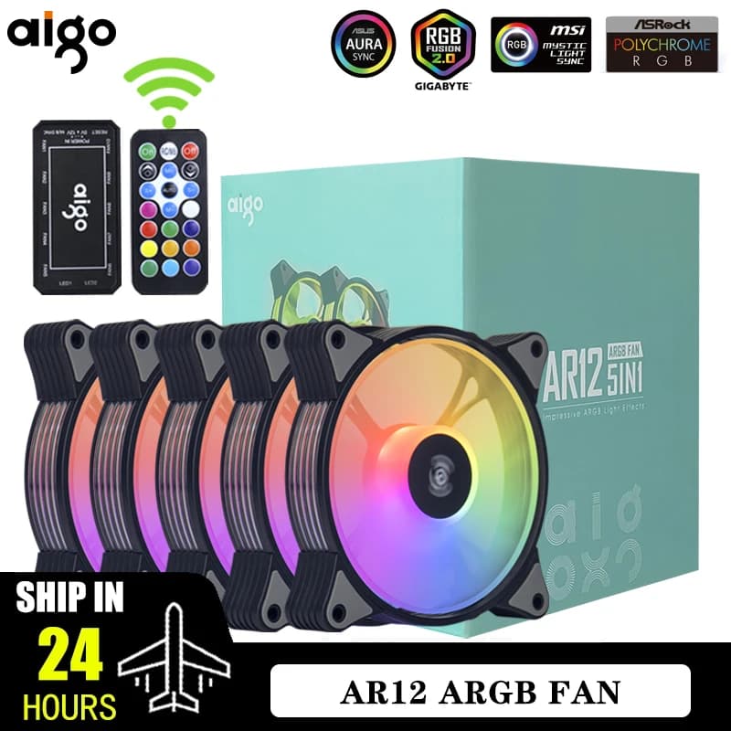 Aigo ar12 120mm pc gamer computador caso ventilador rgb 12v dissipador de calor aura sincronização cooler argb kit controlador silencioso ventilador refrigeração