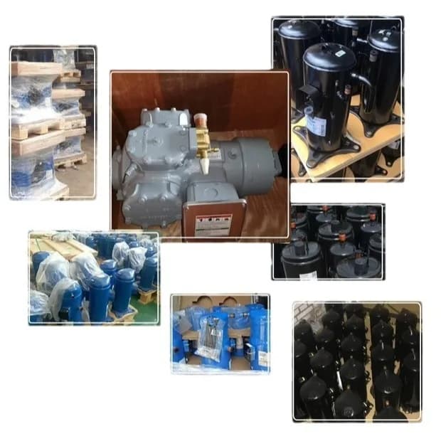 Diversos compressores de refrigeração em cores preta e azul armazenados em pallets e caixas