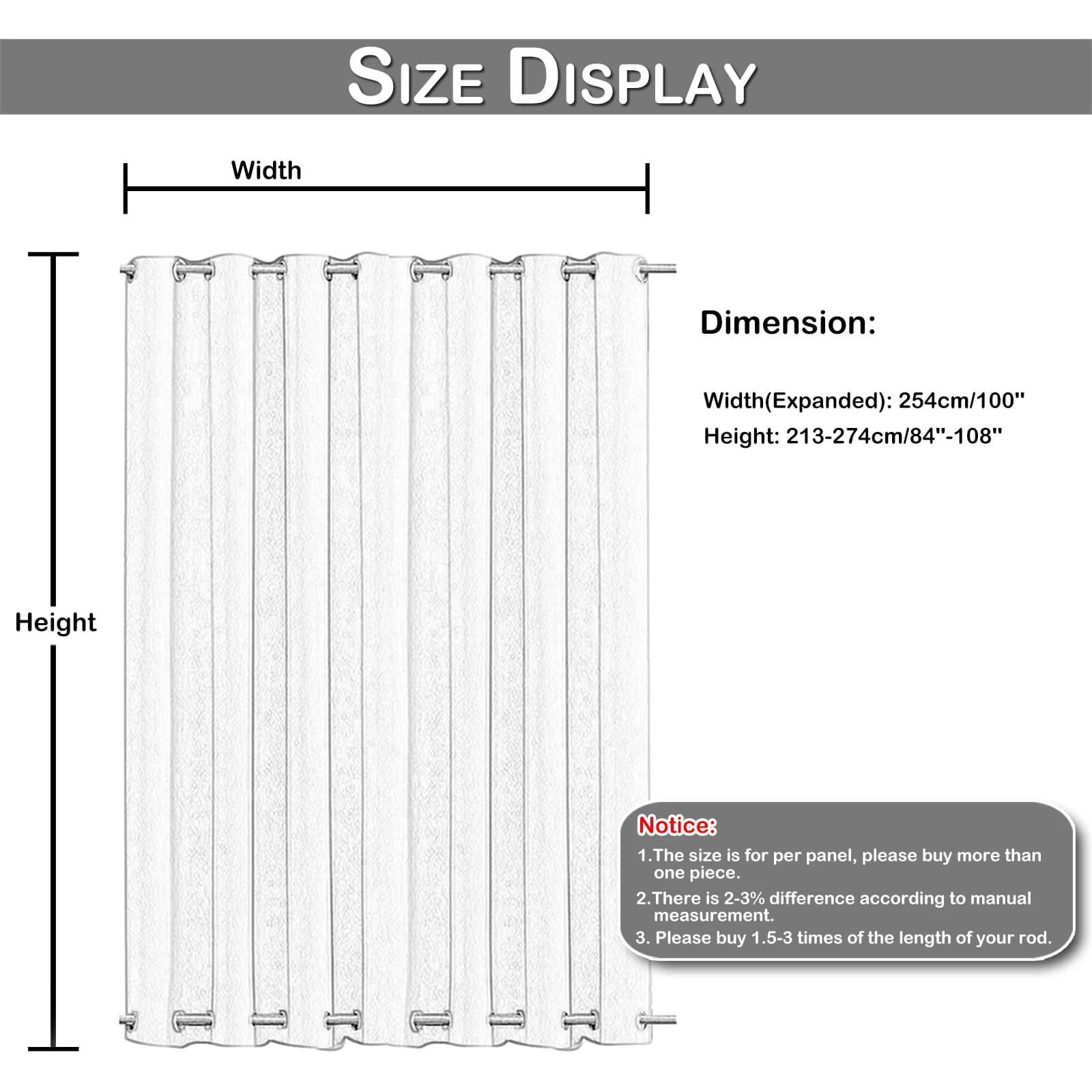 Cortina blackout branca com ilhós metálicos, dimensões 254cm largura por 213-274cm altura para instalação