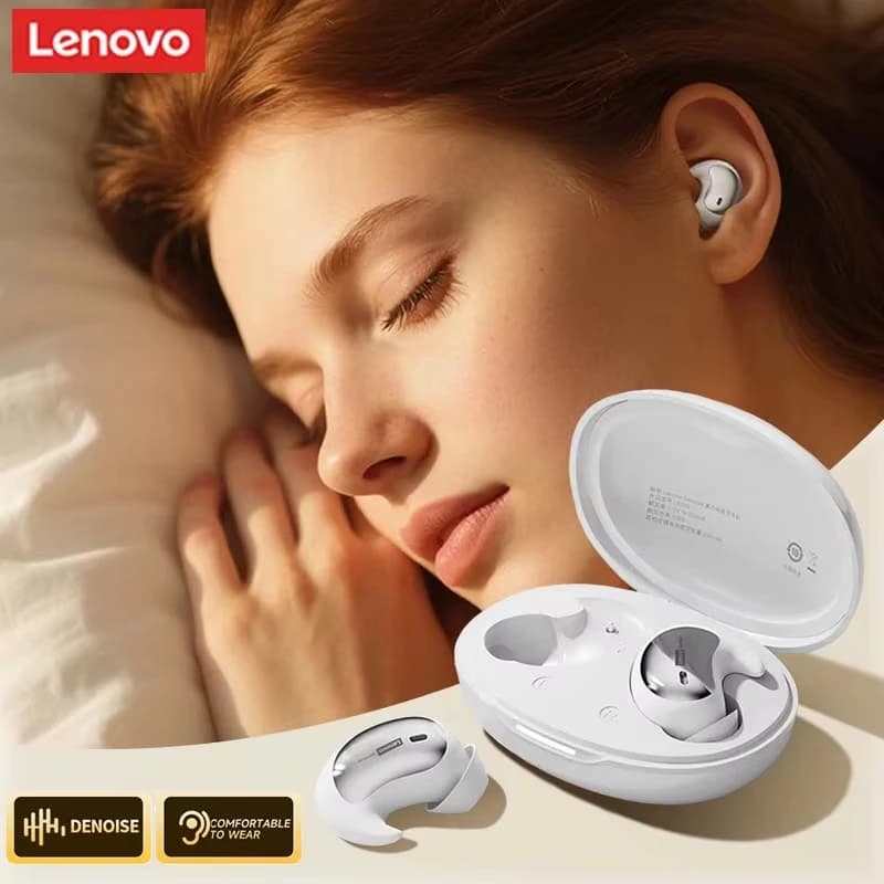 Fone de ouvido sem fio Lenovo branco invisível no ouvido com estojo de carregamento.