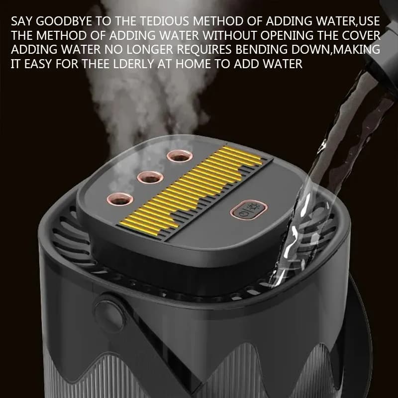 Umidificador de ar preto com difusor de aroma sendo abastecido com água sem abrir a tampa, design prático USB