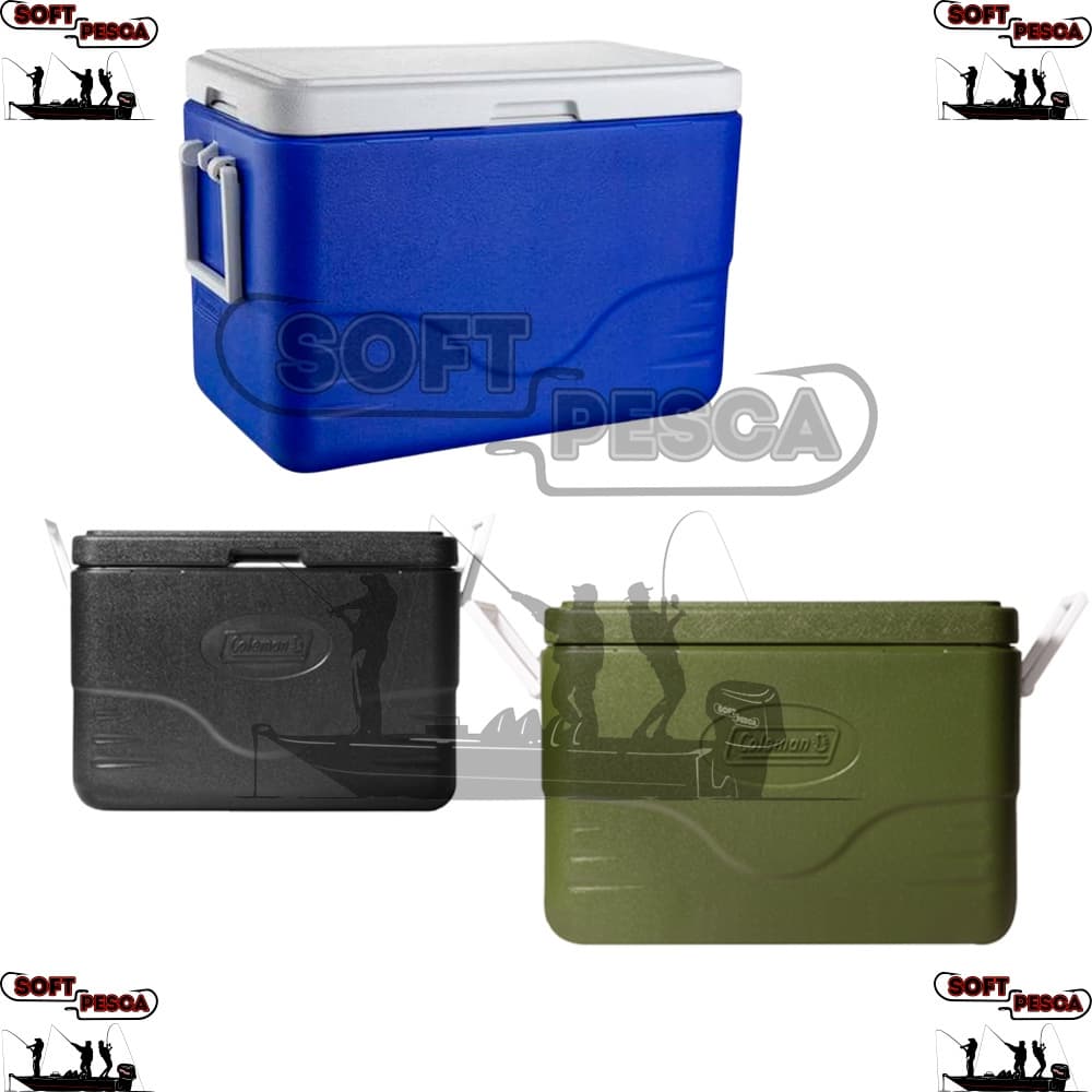 Caixa Térmica Coleman 28QT 26,5 Litros em três cores: azul, preta e verde.