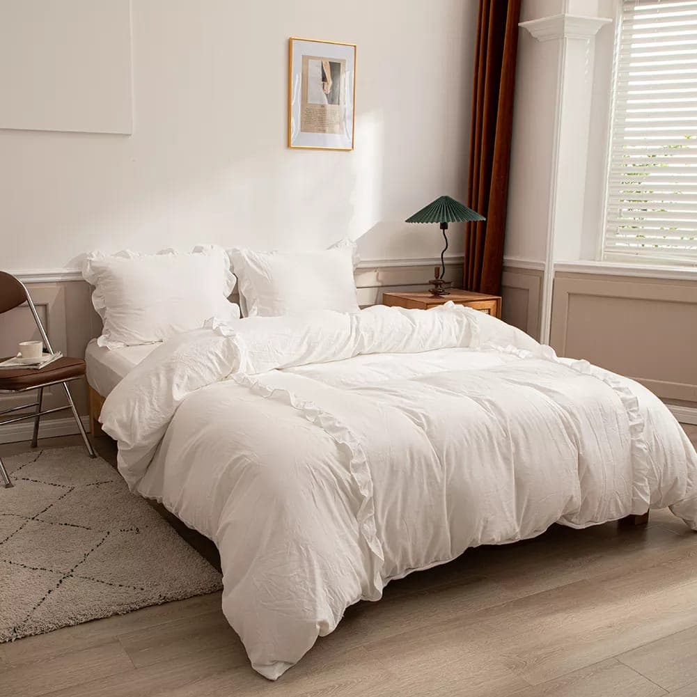 Capa de duvet para edredom queen branco com babado, conjunto de 3 peças com fronhas