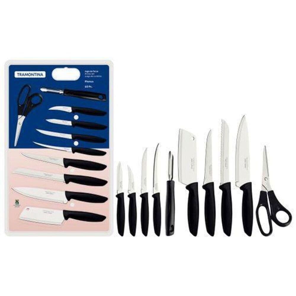 Kit de facas e utensílios de cozinha Tramontina Plenums com 10 peças ou 7 peças, incluindo facas para churrasco e facões.