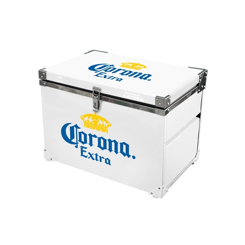 Caixa térmica branca de 70 litros com logo Corona Extra, frontal