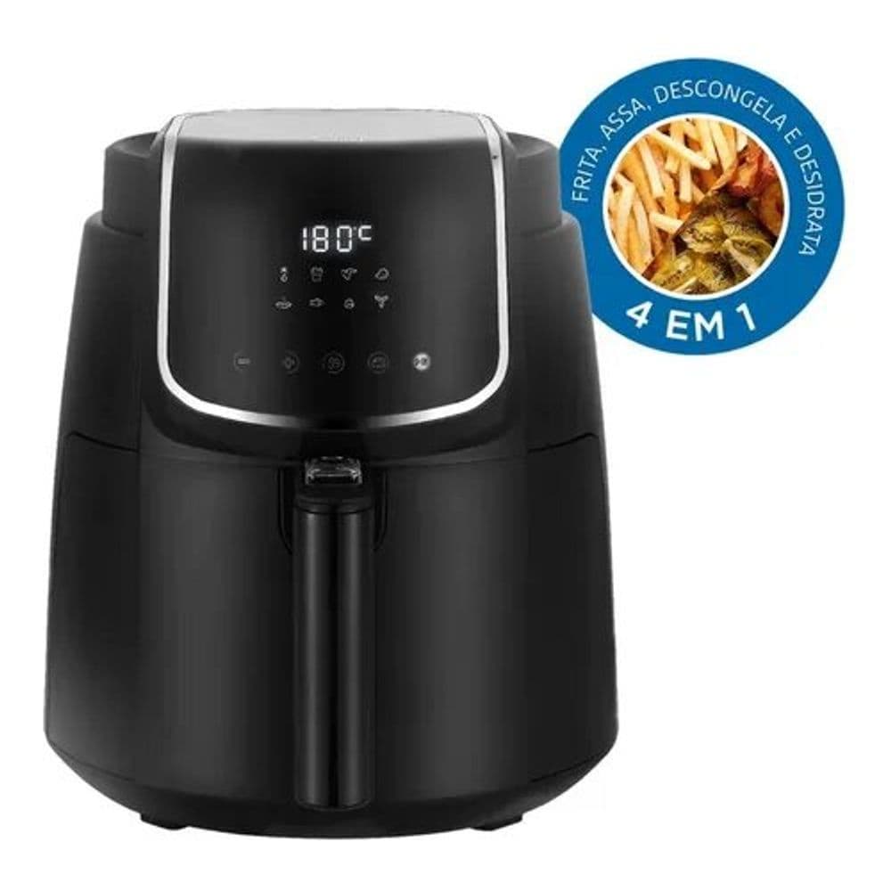 Fritadeira sem óleo digital 4l Midea, preta, com display digital e emblema azul, fundo branco.