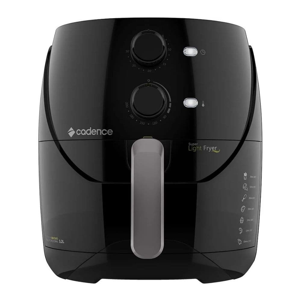 Fritadeira Airfryer Light 3,8 L. 1500w da Cadence, cor preta, com controles rotativos e visor digital, logotipo da marca.