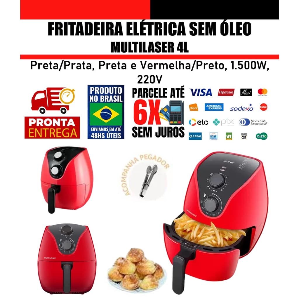 Fritadeira Elétrica Air Fryer Sem Óleo Multilaser Vermelha 4L 220V CE083
