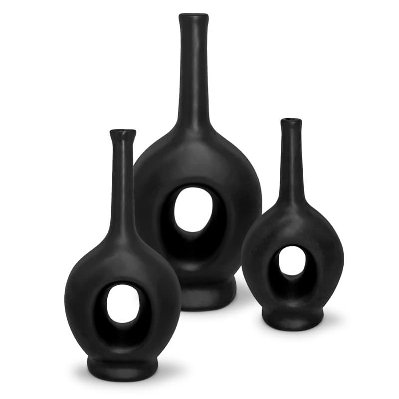 Trio de vasos decorativos preto fosco cerâmica com furos circulares