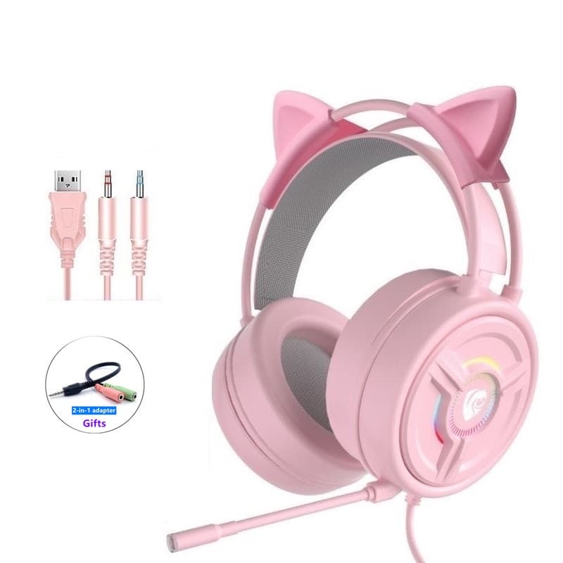Rosa LED Fones Fone De Ouvido Ouvidos Com Fio Orelha De Gato Cancelamento de ruído Head Headphone Headset Jogos com Microfone Para Computador Portátil Gamer Original Headphones e Headsets