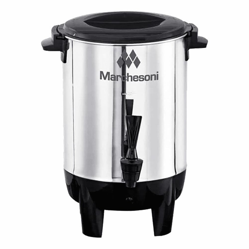 Cafeteira elétrica automática de inox 2 litros Marchesoni, design cilíndrico com base e tampa pretas, logotipo na lateral, fundo branco.