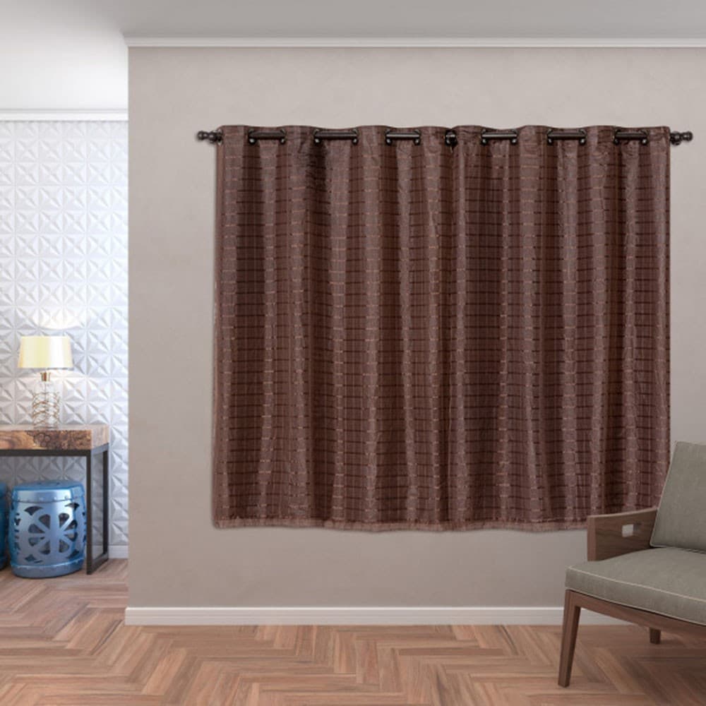 Cortina blackout xadrez marrom com varão incluso, 2,80x1,60m, para sala de estar