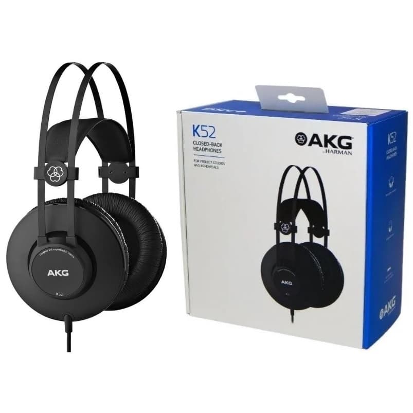 Fone de ouvido AKG K52 profissional preto com caixa azul e branca
