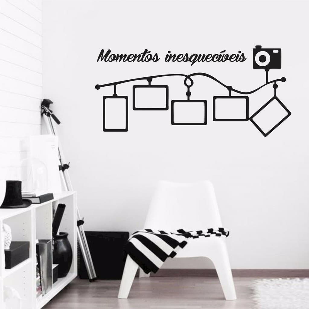 Adesivo de parede 'Momentos inesquecíveis' com ícones de fotos em preto e branco