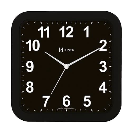Relogio de parede preto quadrado Herweg com numeros brancos