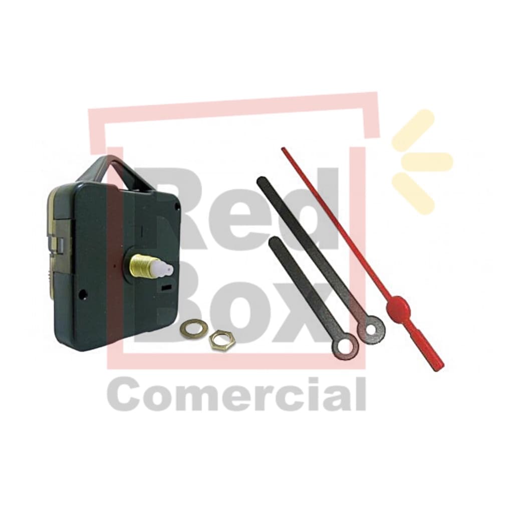 Mecanismo de relógio com alavanca e ponteiros vermelho e preto, componentes e texto Red Box Comercial