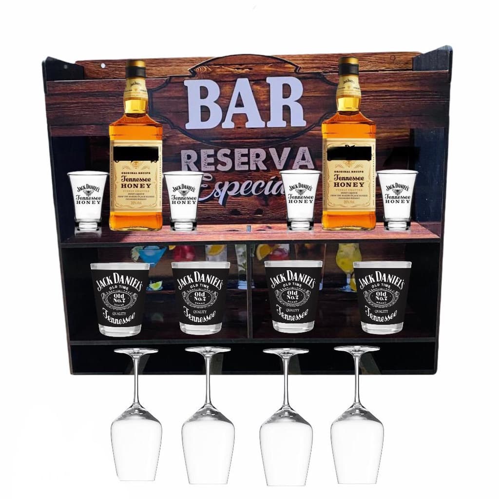 Bar Barzinho Adega de Parede Rústico em Madeira com Porta Garrafas de Vinhos Whisky Bebidas e Porta Taça Bar Decorativo