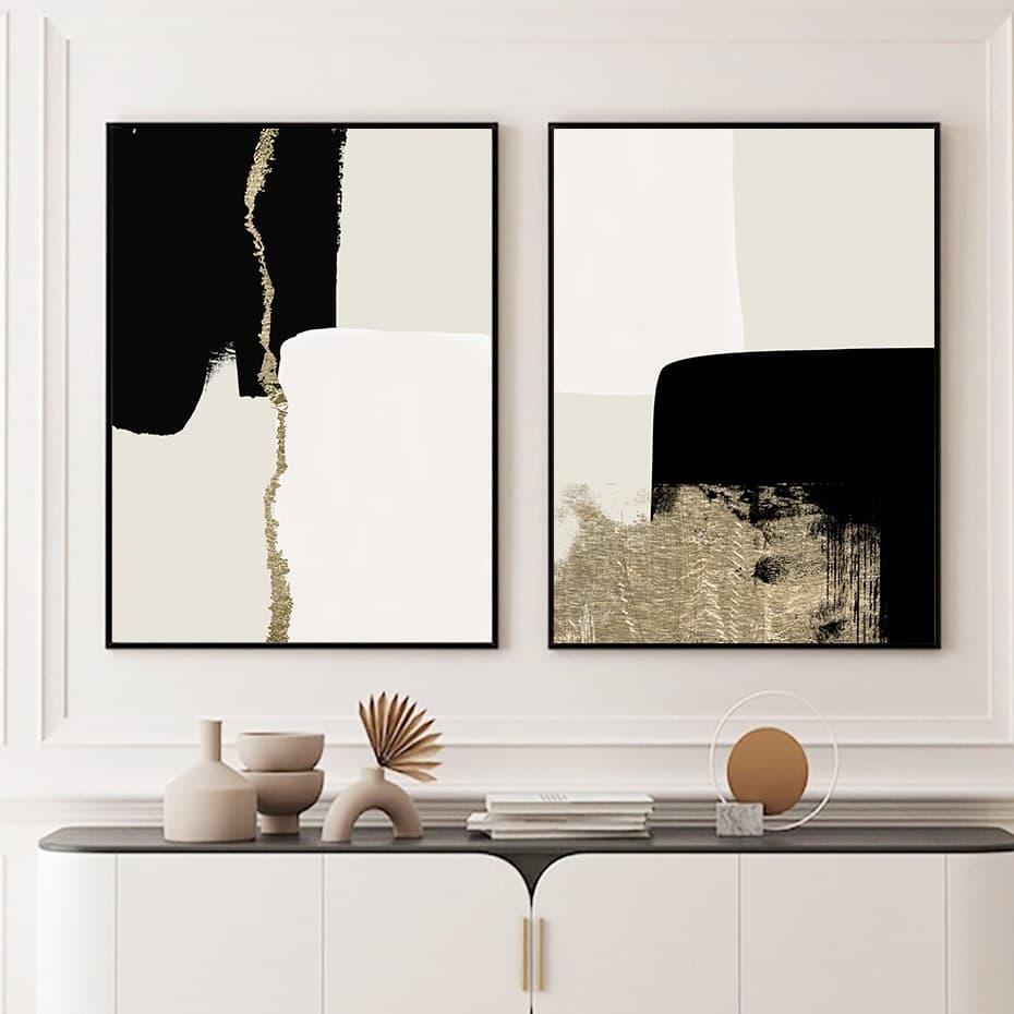 Quadros decorativos abstratos minimalistas em preto e ouro, decoração de interiores.
