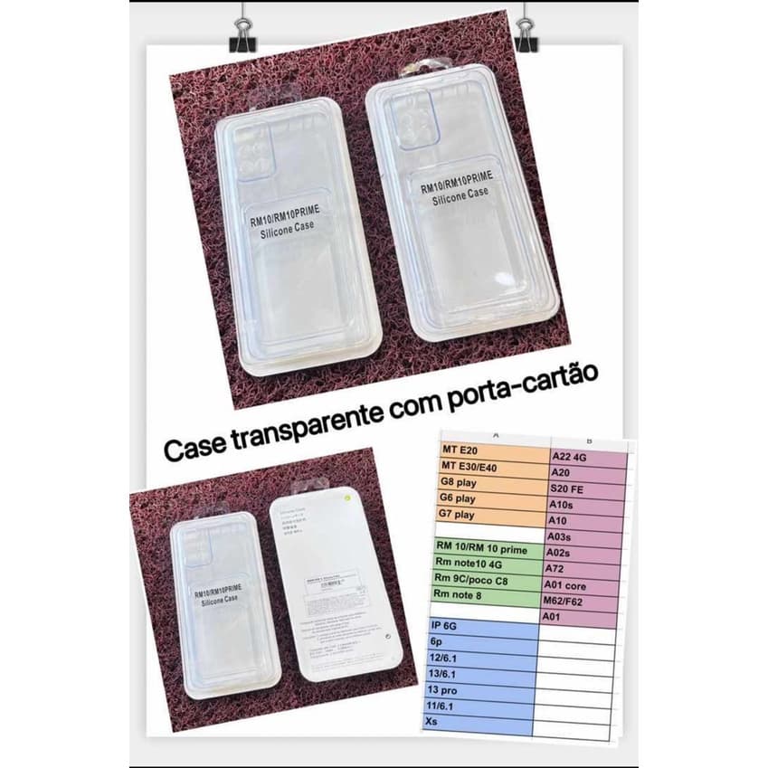 Cases transparentes de silicone com porta-cartão para smartphones, incluindo especificações técnicas.