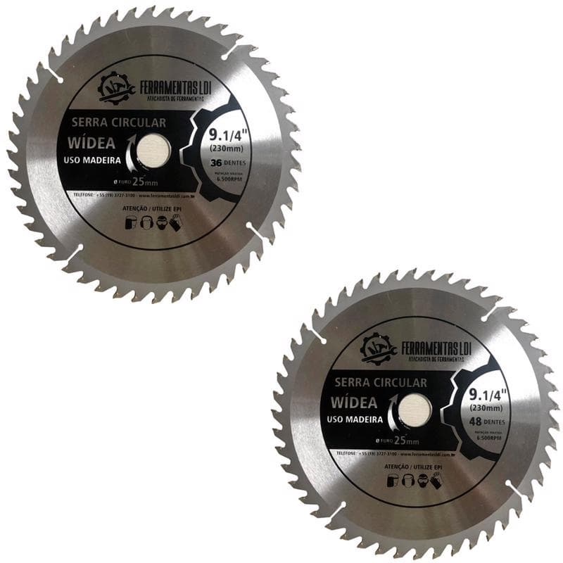 Kit 1 Disco Serra Circular 36 Dentes + 1 Disco Serra 48 Dentes 230mm Furo 25 Widea LDI