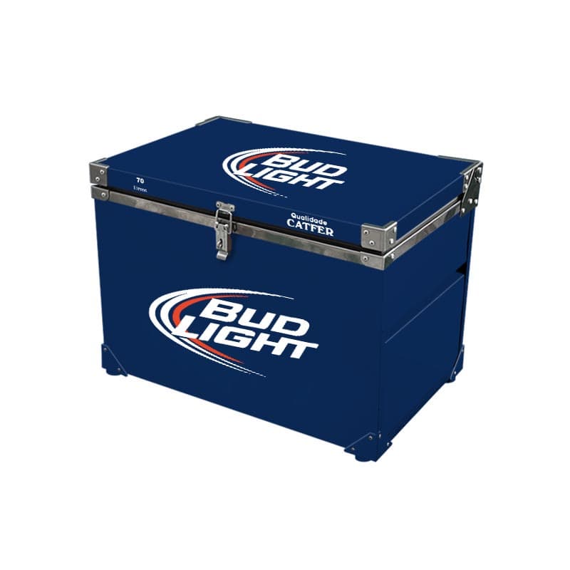 Caixa térmica azul de 70 litros com logotipo Budweiser