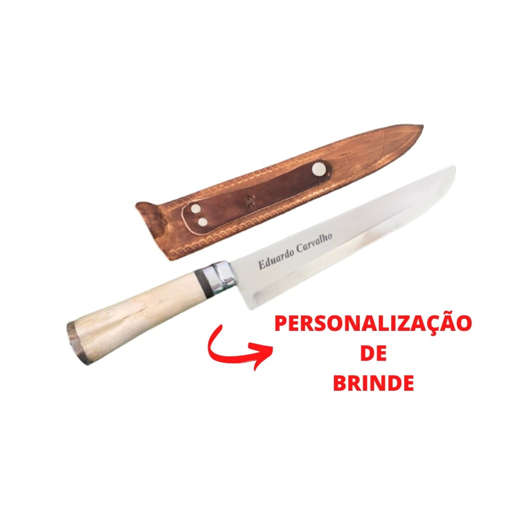 Faca campeira personalizada com cabo de osso e bainha de couro marrom, Eduardo Carvalho