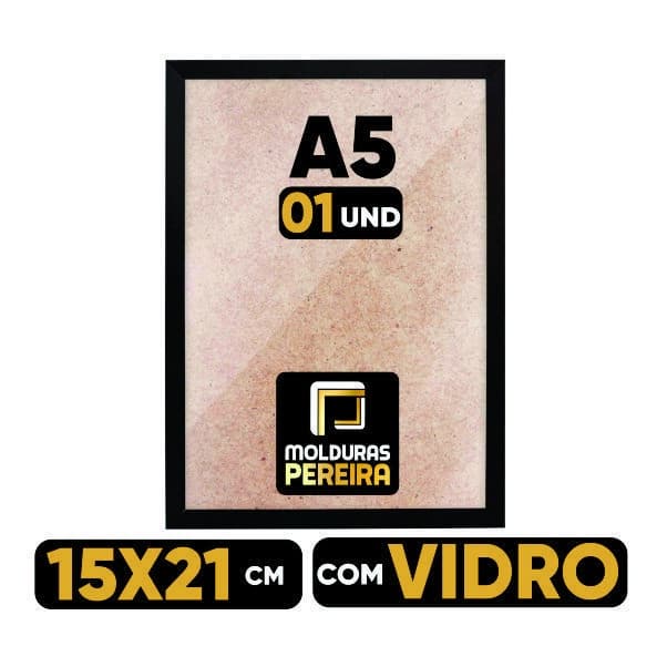 Porta-retrato moldura A5 15x21 cm com vidro, fundo bege, moldura preta, texto A5, 01 UND, logo Molduras Pereira