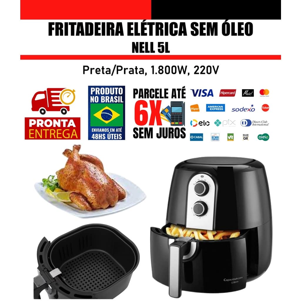 Fritadeira Elétrica sem Óleo Panela AirFryer Grand Família 5,2L Nell - Preto