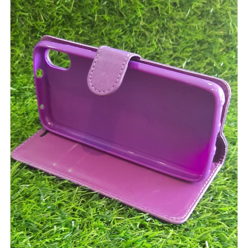 Capa flip roxa para Xiaomi Redmi 7A com alça de couro e recortes para câmera e botões