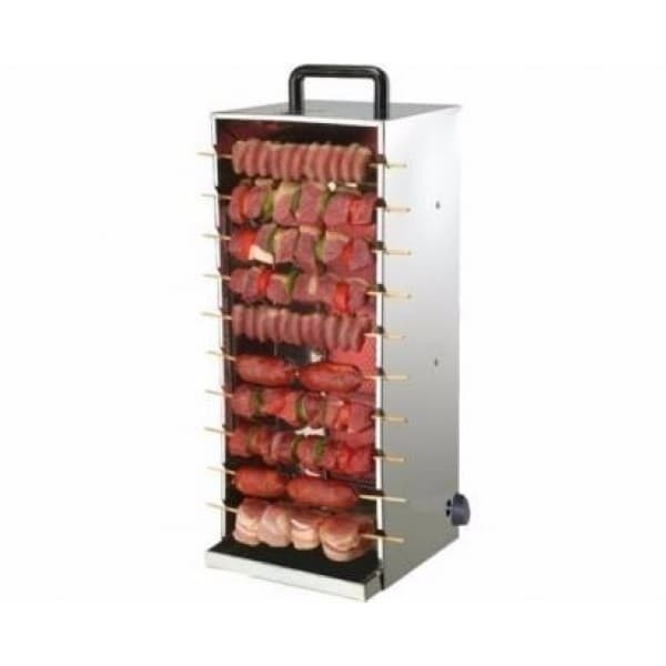 Churrasqueira vertical em aço inoxidável para 10 espetos com carnes e vegetais visíveis