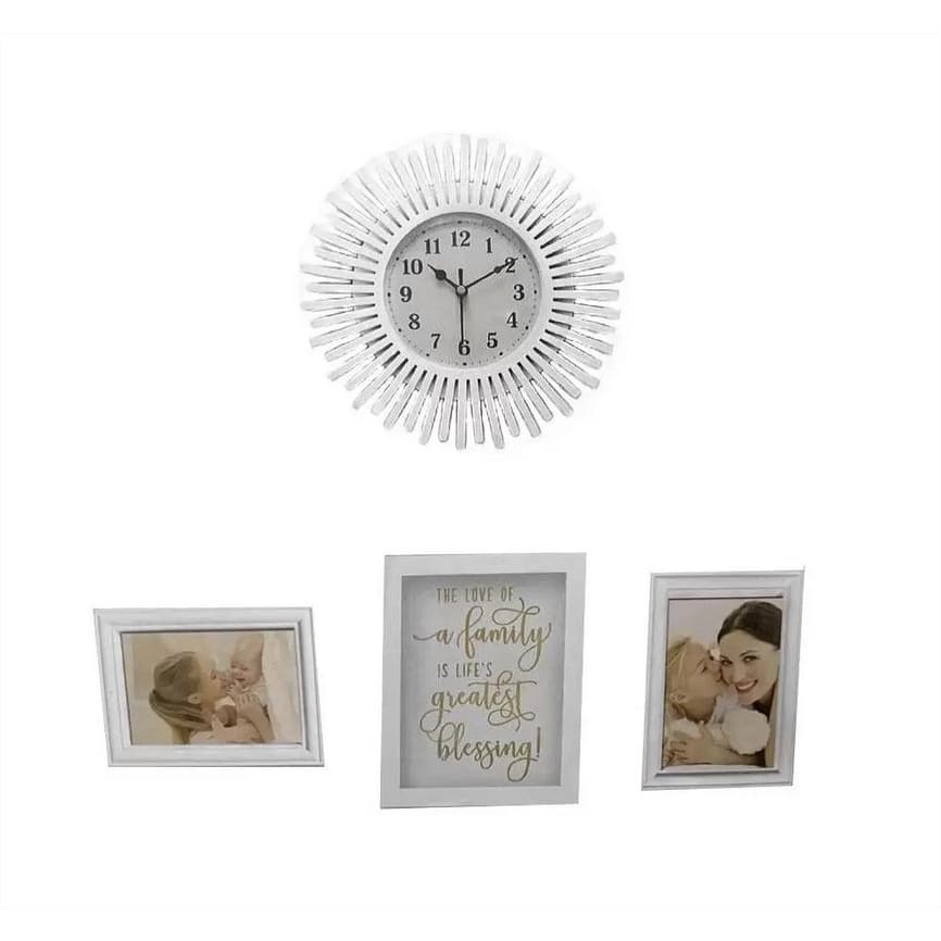 KIT DECORATIVO 4 PECAS, 1 RELOGIO DE PAREDE 25CM,  2 PORTA RETRATOS 1 QUADRO