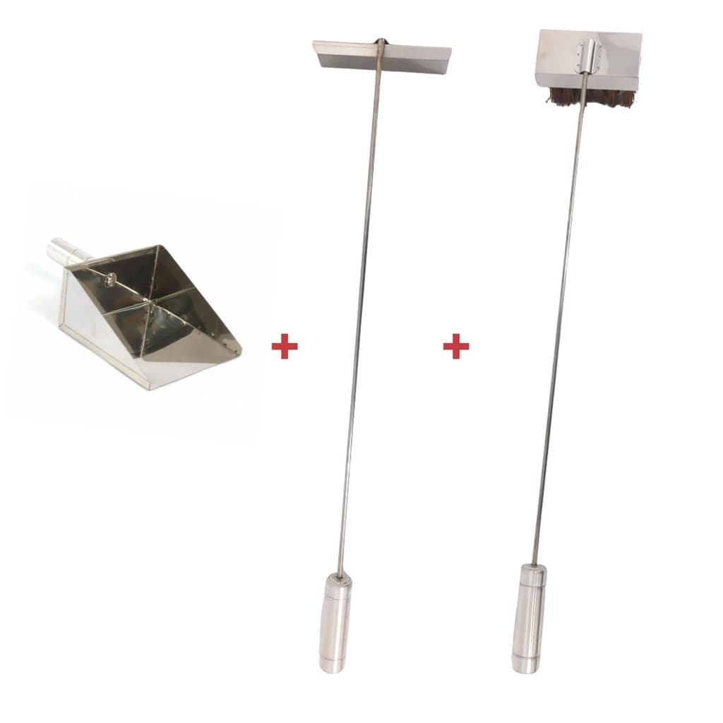 Kit Vassoura Piaçava, Pá Cinza, Rodo de Limpeza Fornos, Inox