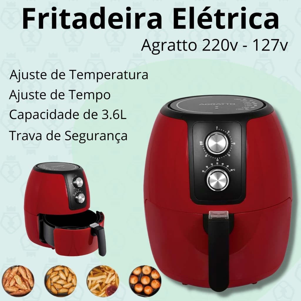 Fritadeira Elétrica Air Fryer Vermelha 3,6L Agratto - Ajuste de Temperatura e Tempo