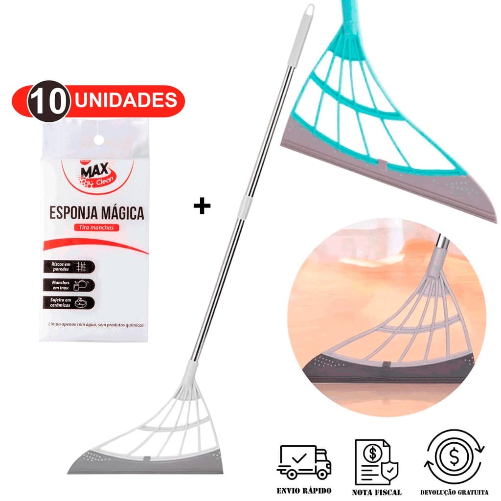 Vassoura mágica rodo 2 em 1 com kit de 10 esponjas mágicas, cinza e azul