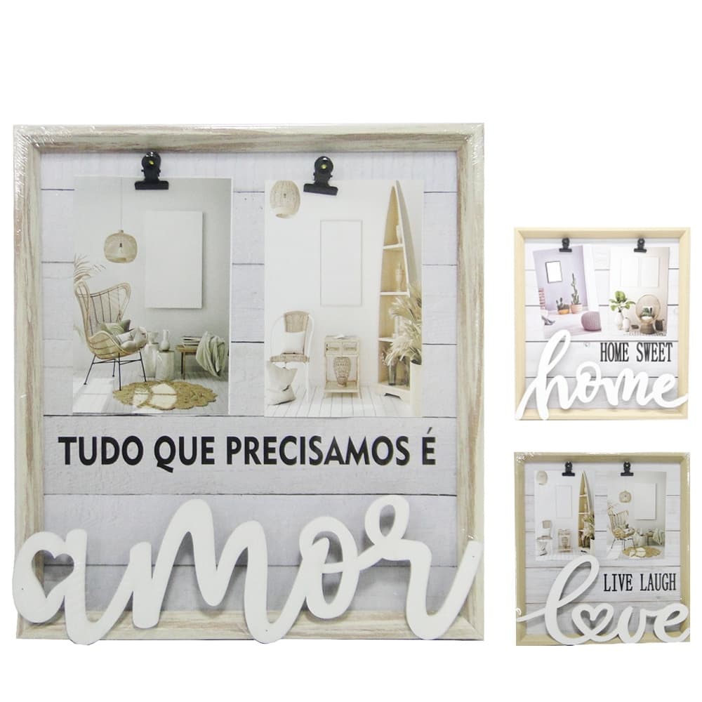 Porta-retrato com moldura de plástico branco, frase 'TUDO QUE PRECISAMOS É AMOR', fotos de sala e frases decorativas.