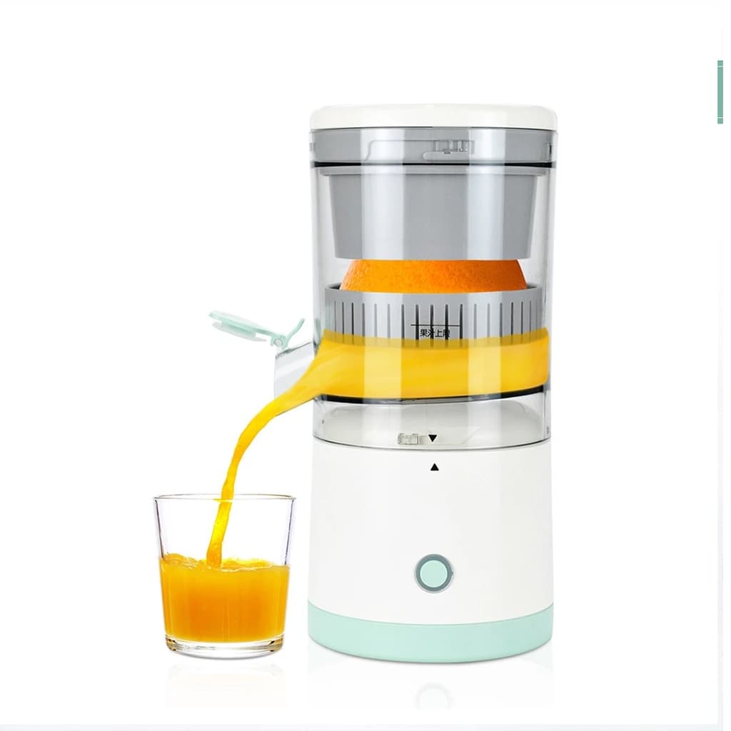 Espremedor elétrico industrial para sucos de frutas com copo transparente e suco de laranja sendo extraído